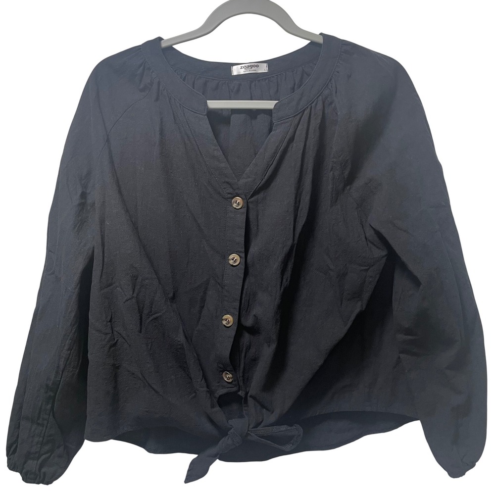 Zeagoo Womens Black Tie Front Button Down Blouse Long Sleeve Cotton Top Large
